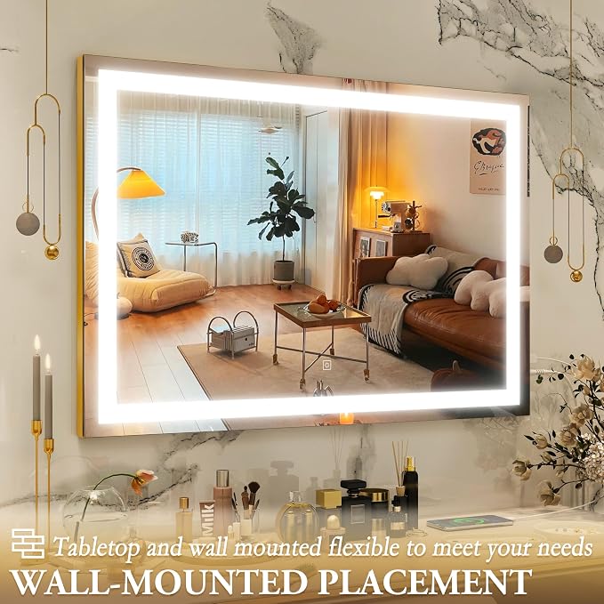 ROLOVE Vanity Mirror with Lights, 32" x 22" Large Lighted Vanity Mirror with Dimmable 3 Modes, LED Makeup Mirror, 10X Magnification, USB Charging Port, Tabletop or Wall-Mounted Square Gold