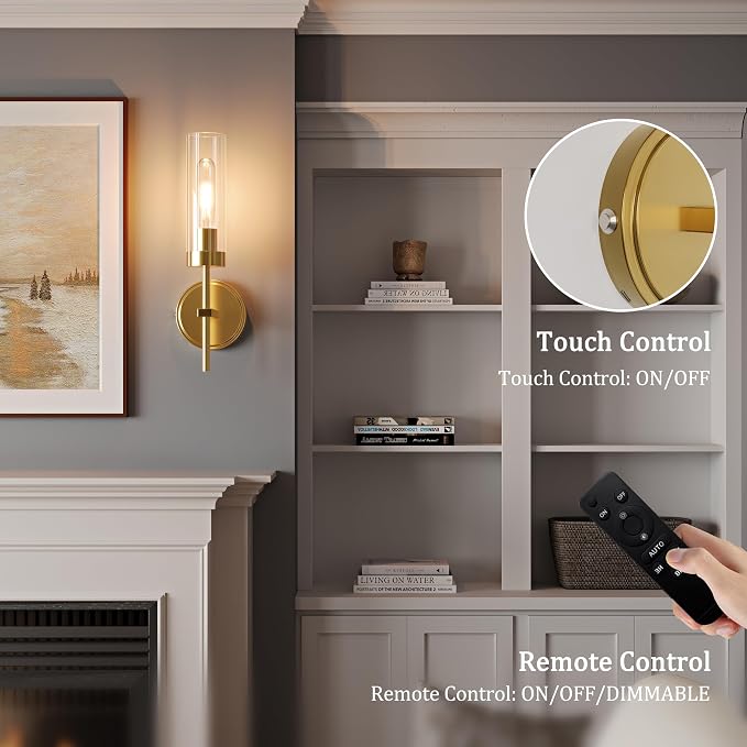 Gold Battery Operated Wall Sconce Set of 2, Wireless Wall Sconces with Remote Control, Rechargeable 3000K Dimmable Wall Light for Bedroom Living Room Bathroom Hallway Entryway Stairwell