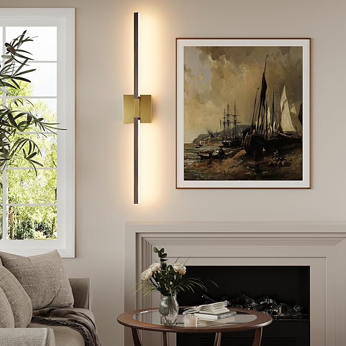 Rayogale Gold & Walnut Wireless Wall Sconce with Remote Control, 36 Inch | 3000/4500/6000K Dimmable 8000mAh Rechargeable Battery Wall Sconces Set of Two with Timer for Living Room, Bedroom