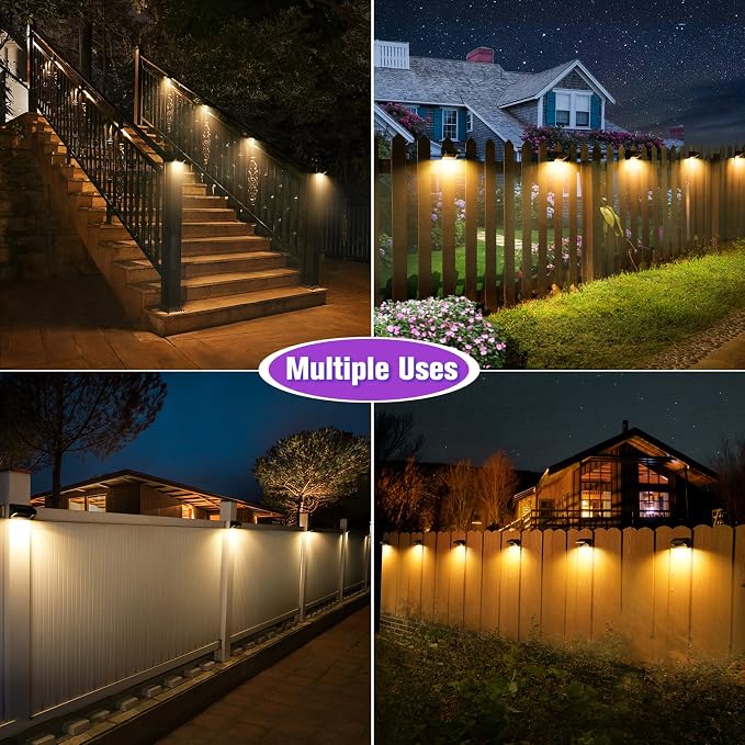Aulanto 12 Pack Solar Fence Lights, IP65 Waterproof Outdoor Lights with Warm White and RGB Color Modes for Backyard, Garden, Wall, Deck, Stairs