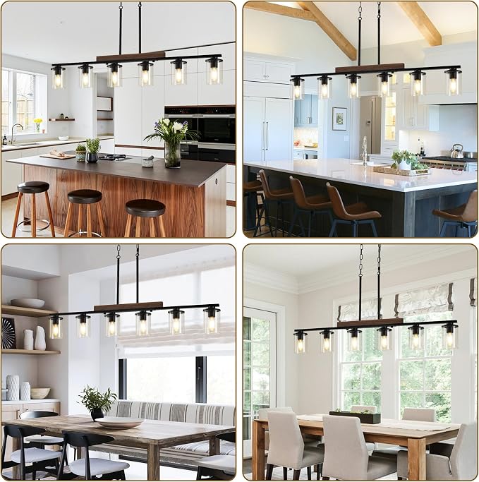 47.2" Farmhouse Dining Room Fixture Over Table, Black Chandelier | 6-Light, Modern Rustic Wood Frame, Adjustable Height, Clear Glass Shade, Ceiling Pendant Lighting for Kitchen Island