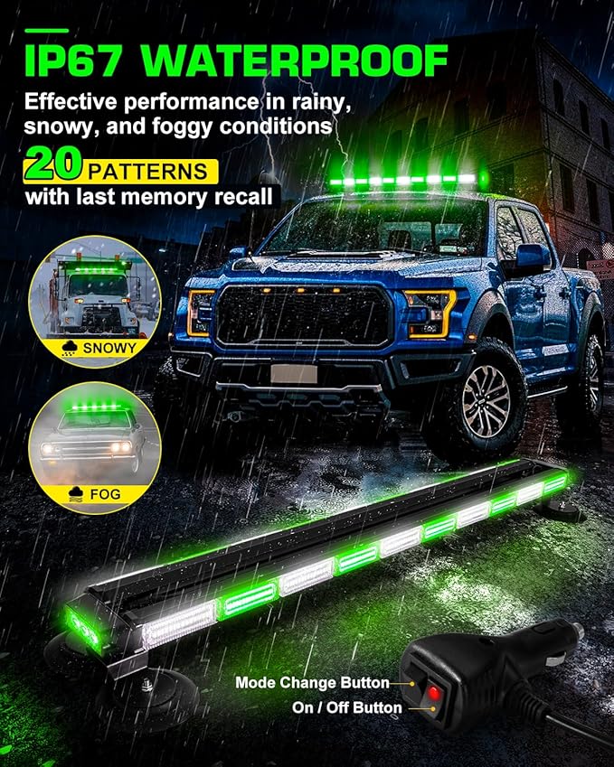 42" Traffic Advisor Light Bar Rooftop Emergency Warning Security Flash Strobe Light Bar with Magnetic Base for Construction Vehicles Plow Trucks Pickup, Green/White