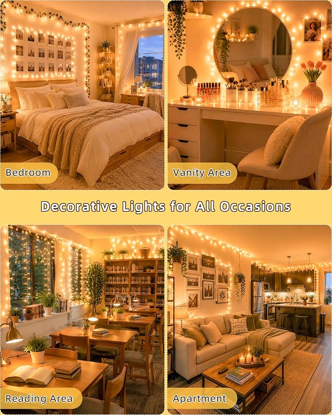 Warm White Christmas String Lights, 33FT 100 LED Fairy Lights Indoor | 8 Modes with Memory, Connectable, IP65 Waterproof, Transparent Wire, Up to 5 Sets, Widely use for Classroom, Bedroom, dorm