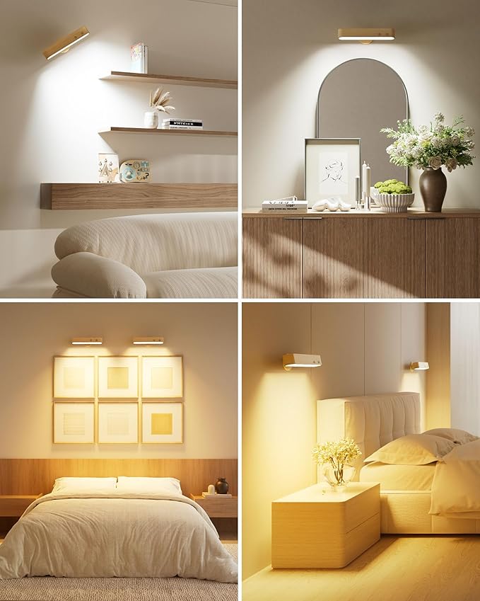 7500 mAh Rechargeable Wood Wall Sconce for Bedroom, LED Wall Light with Remote Control and Touch, 360° Magnetic Rotation, 3 Colours, Dimmable Wooden LED Wall Lamp with 15 RGB Colors,1 Pack