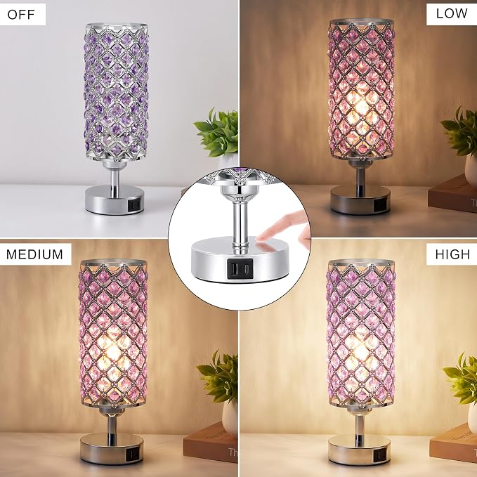Hong-in Purple Lamp for Girls Room-Crystal Touch Lamp with USB-C+A Ports,3 Way Dimmable Bedside Light with Crystal Shade for Bedroom Home Office