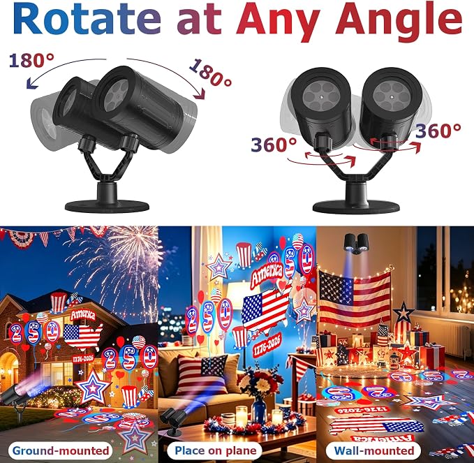Independence Day Projector Lights Outdoor 4th of July Decorations Lights Projector with American Flag Patterns Waterproof Patriotic Projection Light for 250th Anniversary for Garden Party Decor
