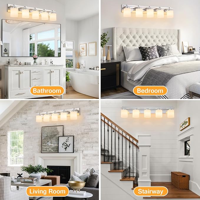 Modern Bathroom Light Fixtures Over Mirror, Vanity Lights for Bathroom Wall Sconces with Milky White Glass Shades, E26 Socket (Bulbs Not Included), 5 Light, Chrome