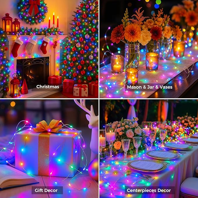 litogo 24 Pack Multi-Colored Fairy Lights Battery Operated with Timer, 20 LED 3 Modes Twinkle Light, 7ft Waterproof Silver Wire Mini Small Bulk Mason Jar String Light, Decor for Wedding Christmas