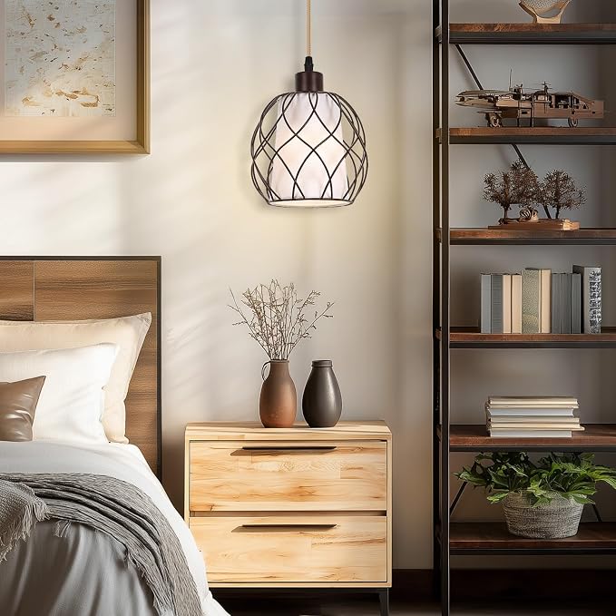 Plug in Pendant Light Metal Hanging Lights with Plug in Cord Hanging Lamp Mid Century Modern Vintage Dimmable Plug in Chandelier Ceiling Fixture for Living Room,Bedroom,Brown
