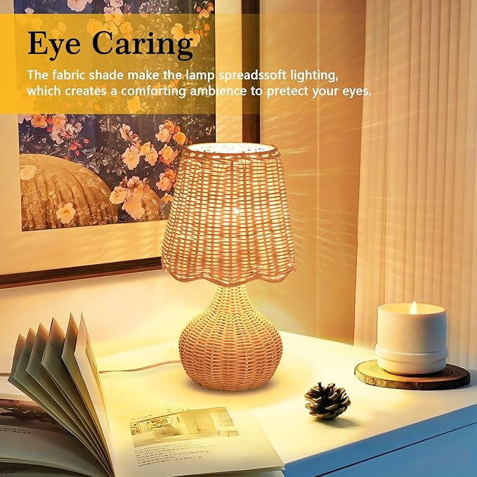 Ziqqeelam Rattan Small Bedside Table Lamp for Bedroom, Boho Mini Table Lamps for Nightstand, Farmhouse Small Table Lamps for Small Spaces for Kitchen Counter, Bookshelf, Bedroom, Kids Dorm