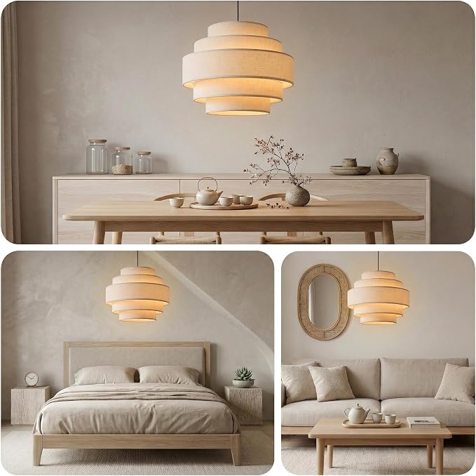 AUQUEE 5-Tier Farmhouse Chandelier, 13" Modern Drum Pendant Light Fixture with Linen Lampshade, Adjustable Height Hanging Ceiling Lighting for Bedroom/Nursery/Dining Room/Kitchen Island/Entryway,Beige