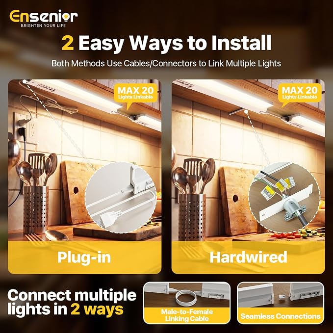 Ensenior Plug in or Hardwired Under Cabinet Lighting, 36 Inch 18W, 2 Pack | Heat-dissipating Aluminum, Built-in Switch & 4-Level Dimmer, 5 Colors, 2 Link Options, True-Color CRI90+, Moisture-Proof, FCC