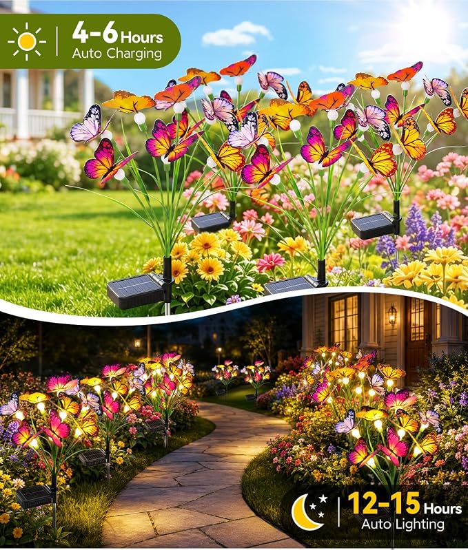Solar Butterfly Garden Lights, 6 Pack 48 Swaying Butterflies | Lifelike Silk Wings on Wire Stems, For Yard, Patio, Pathway & Lawn, IP65 Waterproof Outdoor, Flutters in Any Breeze