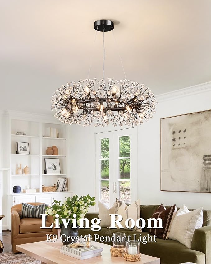 Modern Firework Chandelier, Farmhouse Black Crystal Round Dandelion Sputnik Chandeliers, 31.5" Contemporary 20-Light Pendant Hanging Lighting for Dining Room Kitchen Bedroom Living Room