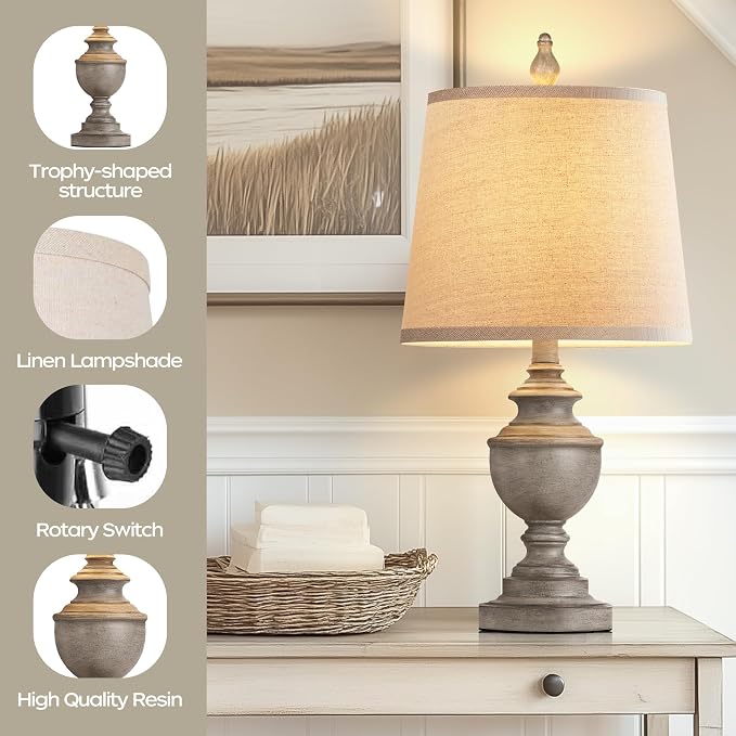 Retro Table Lamps Set of 2, Bedside Lamp for Bedroom Rustic Farmhouse Table Lamps for Living Room, 22" Vintage Nightstand Lamps with White Shades, Antique Grey
