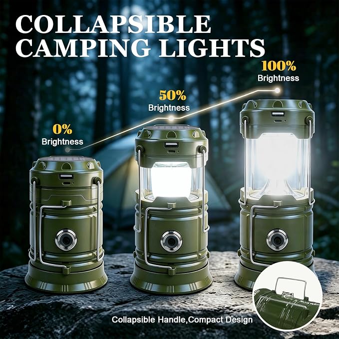 DIBMS 4-Pack Solar Camping Lantern, Collapsible Flashlight Emergency Lights | LED Solar USB Rechargeable Lamp Tent Hanging Lights Survival Kits for Hurricanes Power Outages Indoor Outdoor (Army Green)