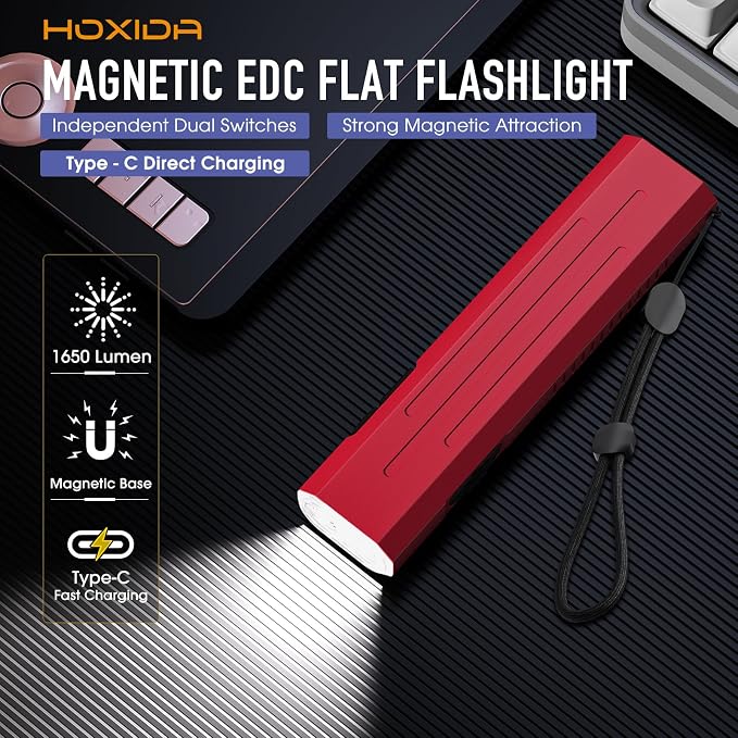 Hoxida Rechargeable EDC Flashlight High Lumens, Pocket Mini Flashlight with Tactical Strobe Button, Portable Magnetic Small EDC Flat Flashlight for Camping, Emergency,1pcs Red