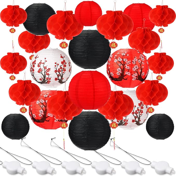 Tuanse 30 Pcs Chinese Japanese Paper Lanterns with LED Light, 2026 Chinese Lunar New Year Decoration Cherry Blossom Red Hanging Lanterns for Spring Festival Home Decor(Multi Size,Red, White, Black)