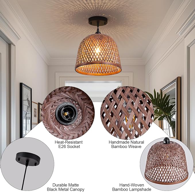 3-Pack Bamboo Pendant Light,Mini Brown Rattan Chandelier | Boho Curry Bamboo Rattan Pendant Lights,Hand Woven Rattan Chandelier for Kitchen Island Dining Bedroom Living Room
