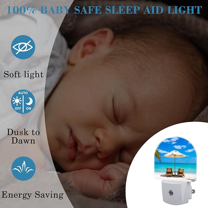 Deckchairs on The Beach Night Light Plug into Wall with Dusk to Dawn Sensor Cute Nightlight for Kid Girls Boys Women Men Room Decor, Hallway, Kitchen, Bathroom, Nursery, Stairs