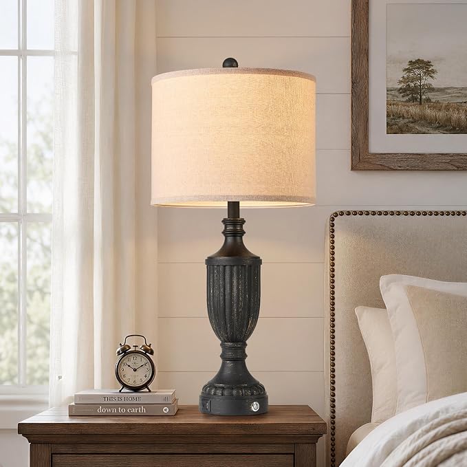 Black Farmhouse Lamps for Living Room Set of 2, 27.5" Bedroom Lamps Set of 2 with USB Ports, Dimmable Rustic Bedside Lamps Nightstand Lamps
