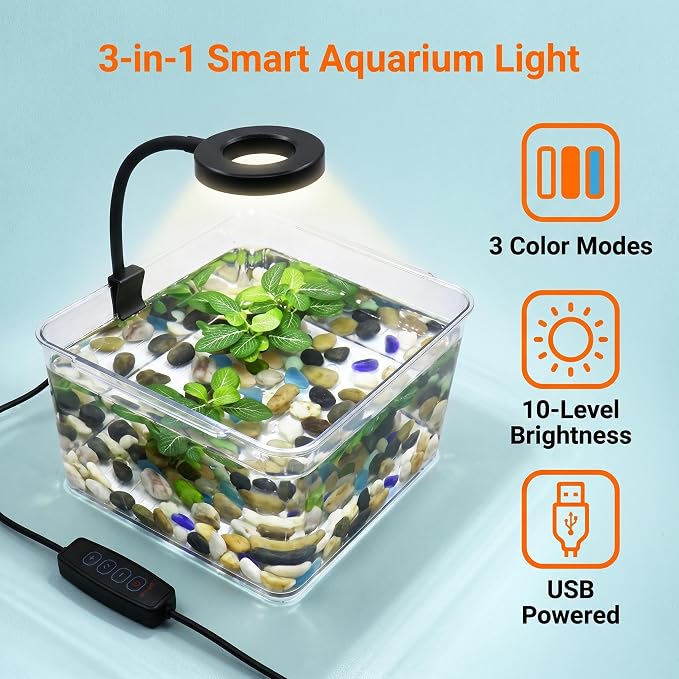Small Aquarium Light Clip on Fish Tank Light LED USB Full Spectrum Light with Dimmer Multi-Color White+Blue+Red for 1-5 Gal Betta Tank (Adapter NoT Included, No Timer)