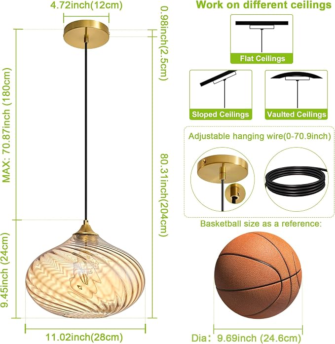11in Gold Pendant Lights Kitchen Island with Amber Glass Shade 1Pack | Handcrafted Glass Pendant Light Fixtures, UL Certified, E26 Base 100W Max, Height-Adjustable, Dimmable Hanging Pendant Light