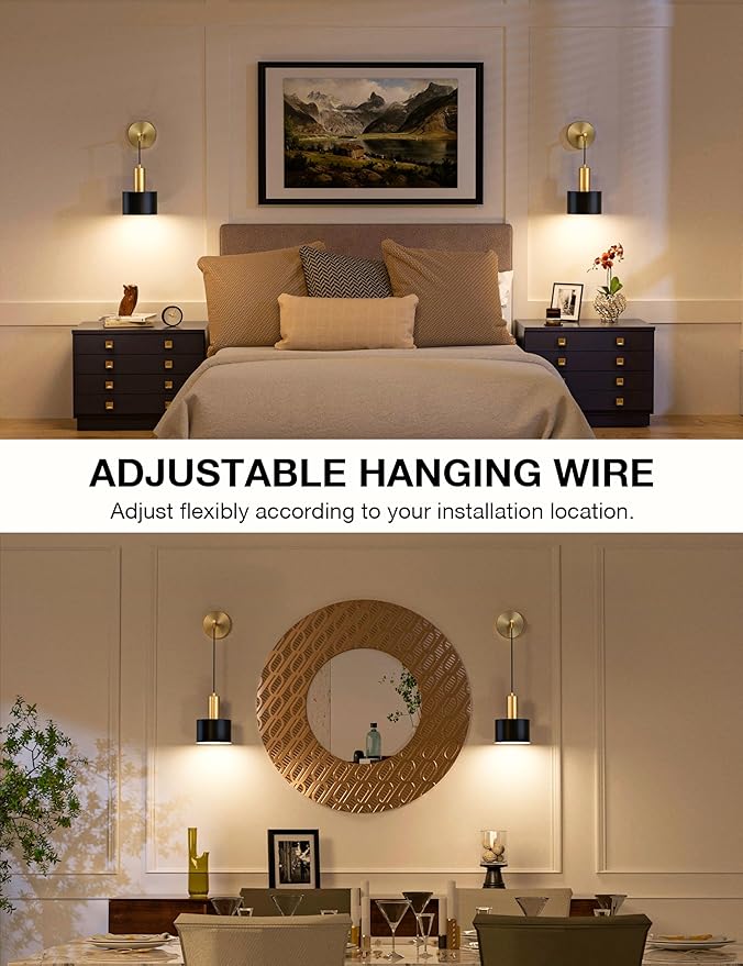 Battery Operated Wall Sconce Set of 2, Gold & Black Wireless Rechargeable Wall Lights with 5200mAh Dimmable Detachable Bulbs and Remote, 9 Colors Sconces Wall Decor for Bedroom Living Room