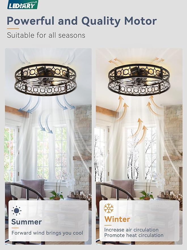 LEDIARY Caged Flush Mount Ceiling Fans with Lights, 23 Inch Farmhouse Low Profile Black Ceiling Fan with Remote, Small Bladeless Fan Lights Ceiling Fixtures for Bedroom, Kitchen- Black