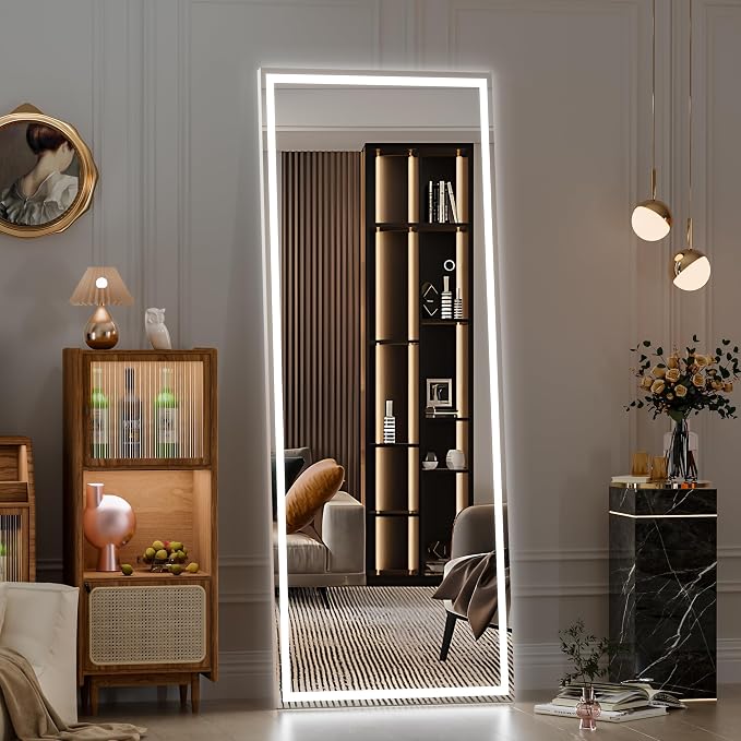 Hasipu Full Length Mirror with Lights, 56" x 18" LED Lighted Floor Standing, Full Body Dressing Hanging Mounted Mirror, Tempered Glass, Square White