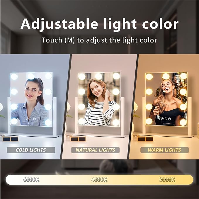 Acoolda Vanity Mirror with Lights, Hollywood Vanity Makeup Mirror with 9 Dimmable LED Bulbs, 3 Color Lighting Modes, Detachable 10X Magnification, 360°Rotation,White