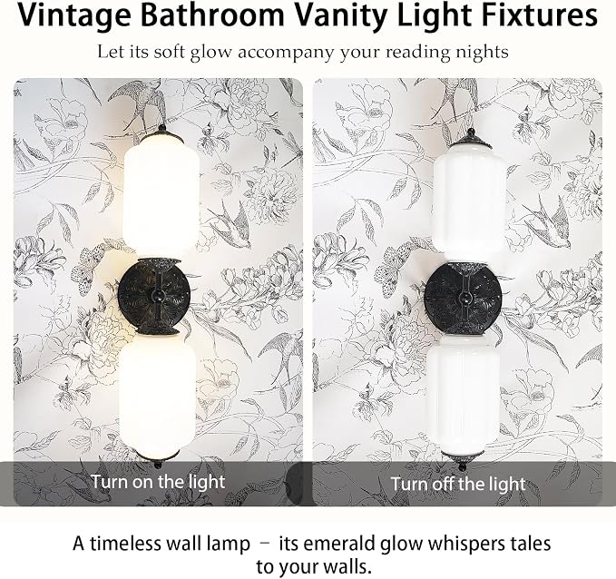 Vintage Milk Glass Bathroom Vanity Light - 2-Light Wall Sconce with Brass Finish Base & Green Glass Shade - Wall Sconce Lighting for Mirror, Kitchen, Living Room, Gallery (Bulbs Included) (white)