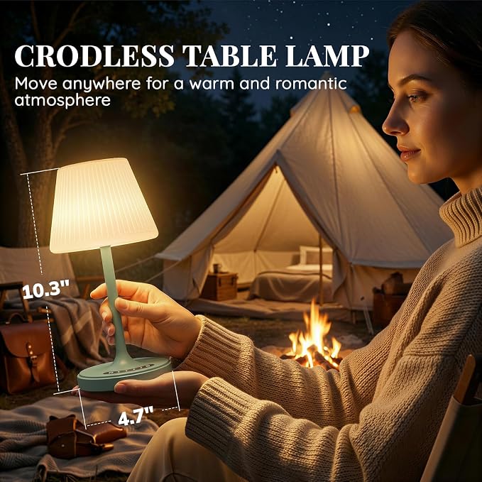 Waterproof Shower Lamp Outdoor Cordless Table Lamp, 3-Color Dimmable -Green | 4000mAh, touch, weighted base, bathroom shower light, patio dinner, RV camping, charge your phones, memory night light