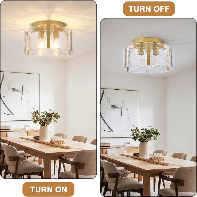15" Gold Semi Flush Mount Ceiling Light, 3-Light Modern Drum Glass Dining Light Fixture, Dimmable Ceiling Mount for Hallway Entryway Foyer, Kitchen Over Island, Bedroom Bathroom Laundry Room Farmhouse