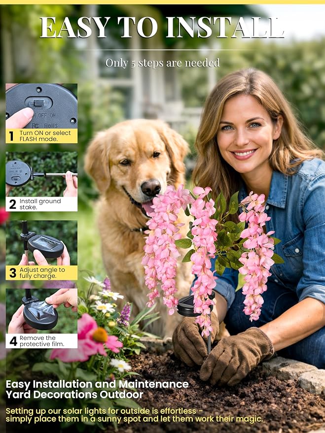 GIGALUMI 2 Pack Solar Wisteria Flowers Outdoor, 2 Modes, Pink | Flower Lights, IP65 Waterproof, Auto On/Off, Solar Powered, Garden Decor, for Pathway, Yard, Patio, Gardening Gifts for Women