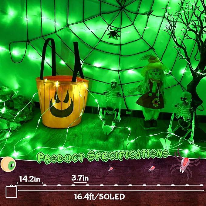 Green Fairy Lights Battery Operated, Halloween String Lights with Timer 16.4ft 50LED for Indoor & Outdoor Halloween Christmas St.Patric Decorations Garland Party Garden