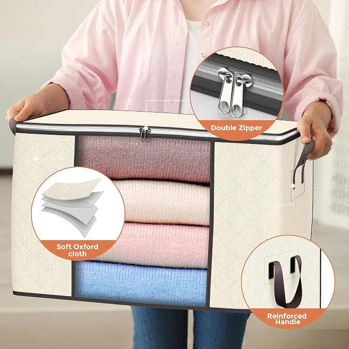 90L Large Storage Bags, 4 Pack Clothes Storage Bins Closet Organizers | Foldable Storage Containers, with Reinforced Handle, for Clothing, Blanket, Comforters, Bed Sheets, Pillows and Toys