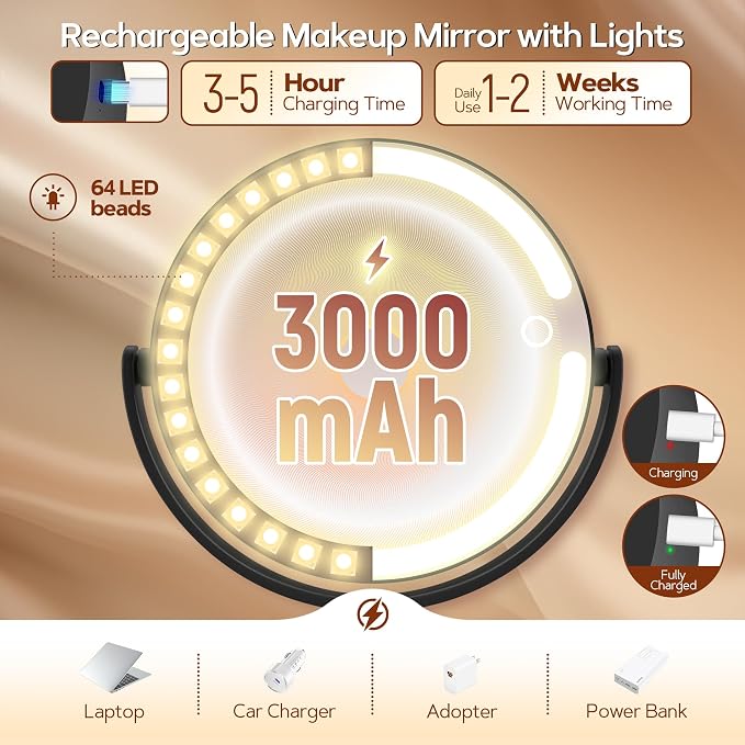 Makeup Mirror with Lights, Lighted Magnifying Mirror 30X with 3 Lighting and Adjustable Brightness, 2-Sided Height Adjustable Vanity Mirror for Bathroom, Gifts for Women Black