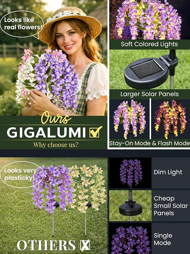 GIGALUMI 6 Pack Solar Wisteria Flowers Outdoor, 2 Modes, Multicolored | Flower Lights, IP65 Waterproof, Auto On/Off, Solar Powered, Garden Decor, for Pathway, Yard, Patio, Gardening Gifts for Women
