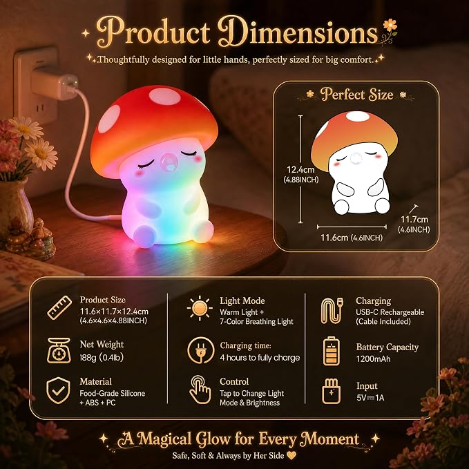 FAMIDUO Mushroom Night Light for Kids, Silicone Squishy RGB Nursery Lamp | 2-Brightness & Breathing 7-Color Rainbow, Anti-Blue Eye-Caring, BPA-Free Silicone Mood Light , Cute Gifts for Baby Toddler