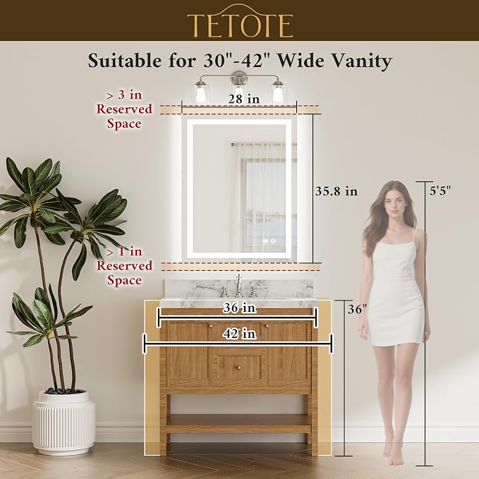 LED Bathroom Mirror with Lights 28 x 36 Frontlit and Backlit Light up Mirror, Brighter Lighted Bathroom Mirror for Wall, 3-Color Anti Fog Mirror, Waterproof, Shatterproof Tempered Glass
