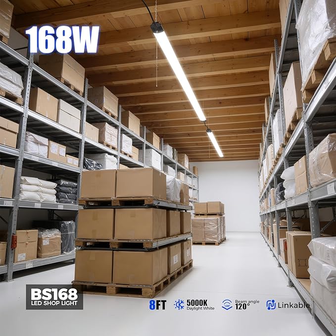 Barrina BS168 168W 8FT LED Shop Lights, 16800LM, 5000K, High Output, Linkable, LED Shop Light for Garage, Workshop, Warehouse, Hanging or Ceiling Mount with Pull Chain Switch, 6 Packs