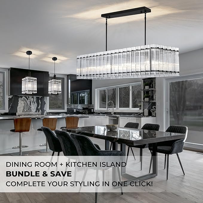 IKK Modern Rectangle Black Chandeliers for Dining Room, 40" Ribbed Glass Island Light Fixture, Linear Farmhouse Lighting with Adjustable Height for Kitchen Island, Living Room