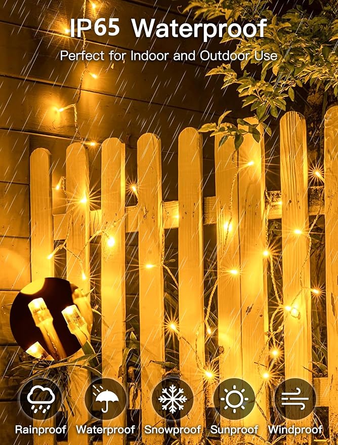 Warm White Christmas String Lights, 98FT 200 LED Fairy Lights Indoor | Up to 8 Sets, 8 Modes with Memory, Connectable, Transparent Wire, IP65 Waterproof Outdoor Decor for Classroom, dorm, Bedroom