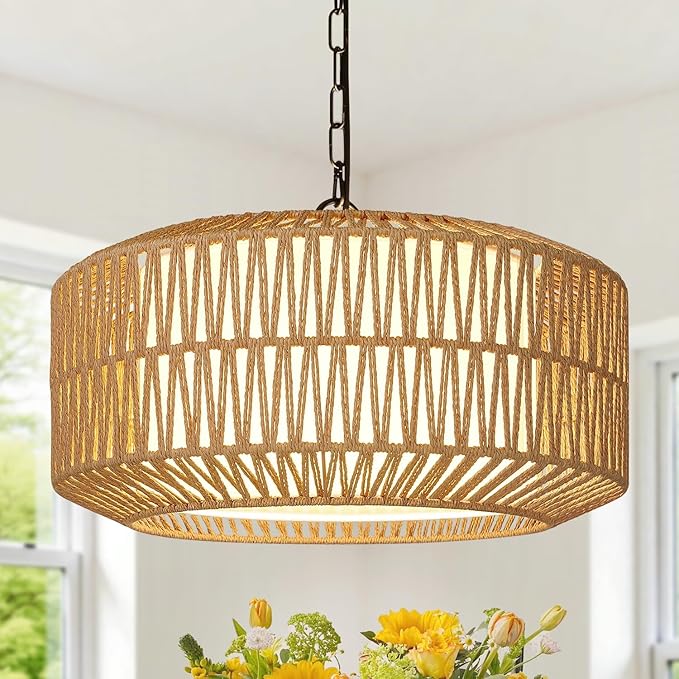 Farmhouse Chandelier Light Fixture, 5-Light Rattan Boho Chandeliers for Dining Room, Hand Woven Pendant Light with Linen Shade, Rustic Hanging Lighting for Kitchen Island, Bedroom (Bulb Not Included)