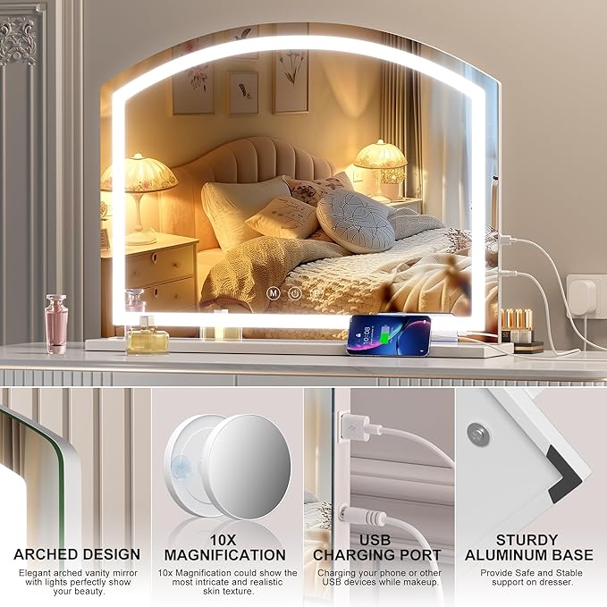 Hasipu 38" x26” Arch Vanity Mirror with LED Lights - Makeup Mirror with 10X Magnification, USB Charging Port & 3 Dimmable Color Modes