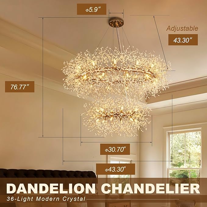 Wellmet Gold Crystal Chandelier 43.3 Inch 2 Tier Modern Firework Chandelier,Mid Century Round Ceiling Lighting for High Ceiling Light for Bedroom Dining Room,Kitchen,Living Room,Entryway,Hallway
