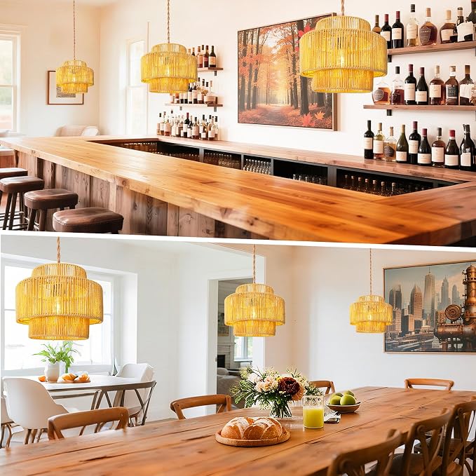 Hanging Light Ceiling Lamp Pendant Lights Rattan Hanging Lamp with Plug in Cord for Living Room Bedroom Kitchen Indoor Hanging Lamp Plug in Woven Lampshade