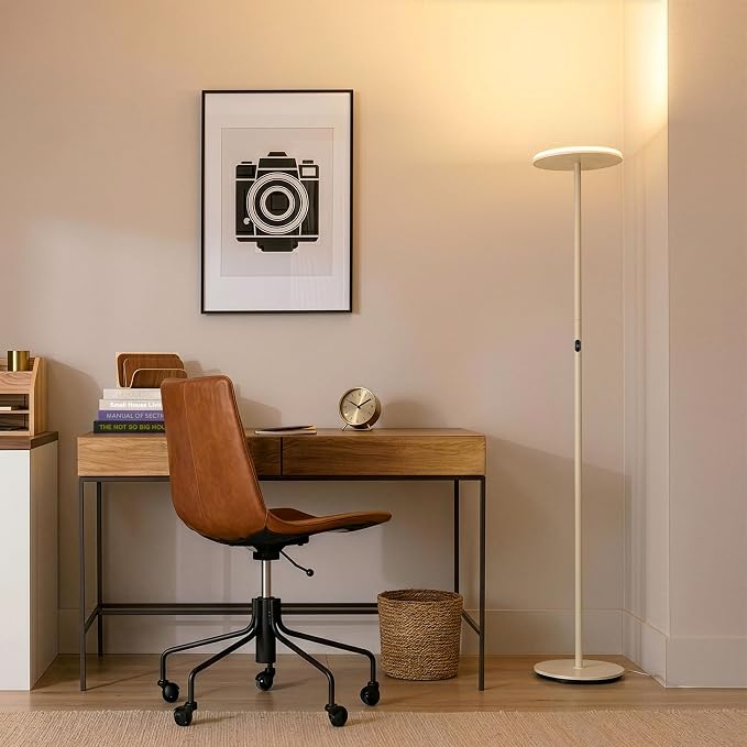 Brightech Sky LED Floor lamp, Torchiere Super Bright Floor Lamp for Living Room Decor & Office - Dimmable, Tall Standing Lamp with Warm Light for Bedroom & Reading - Cream