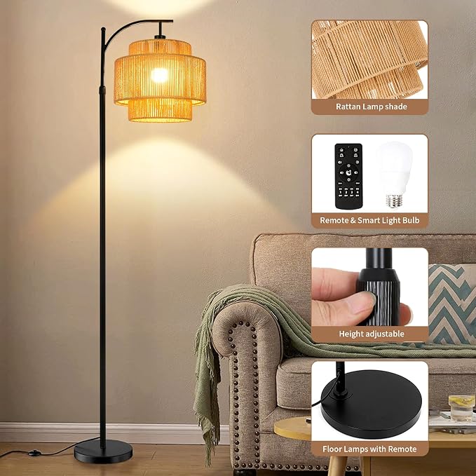 ILLMTW Rattan Floor Lamp for Living Room Bedroom Boho Arc Standing Lamp with Remote Dimmable Black Farmhouse Wicker Bamboo Lamp Shade Floor Light Tall Lamp Industrial Floor Lamps Bohemian Decor